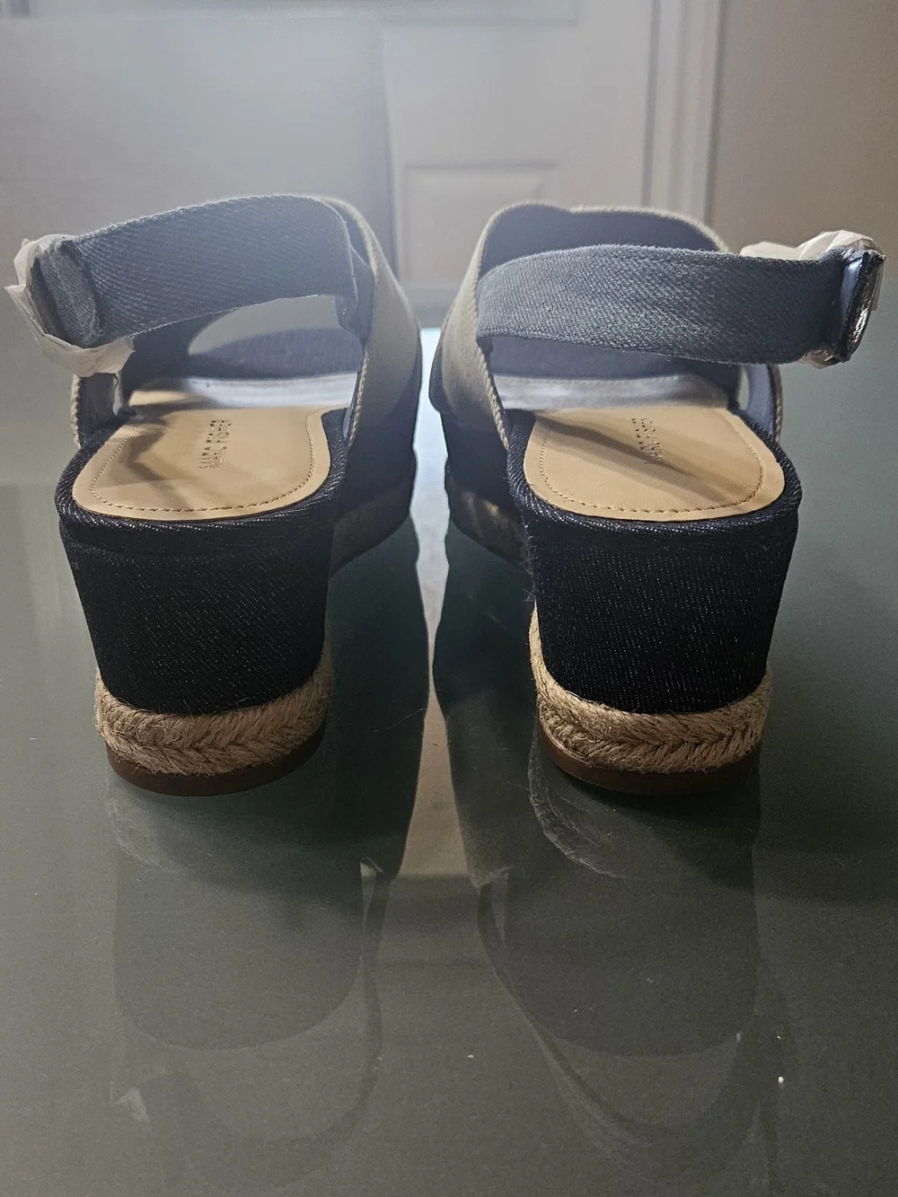 Marc Fisher Navy and Beige Crisscross Espadrille Wedge Sandal